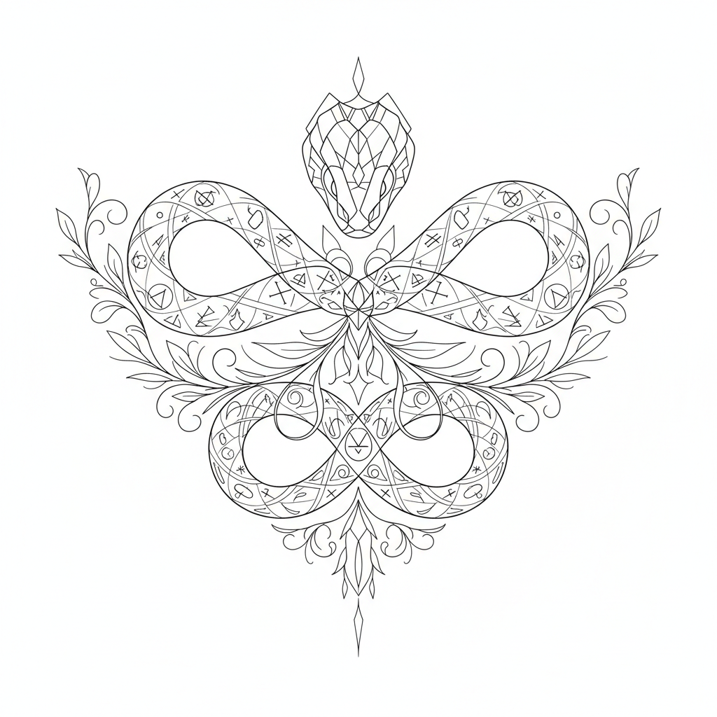 Fine Line Serpent Knot temporary tattoo design, fine line snake artwork in black ink on a white background