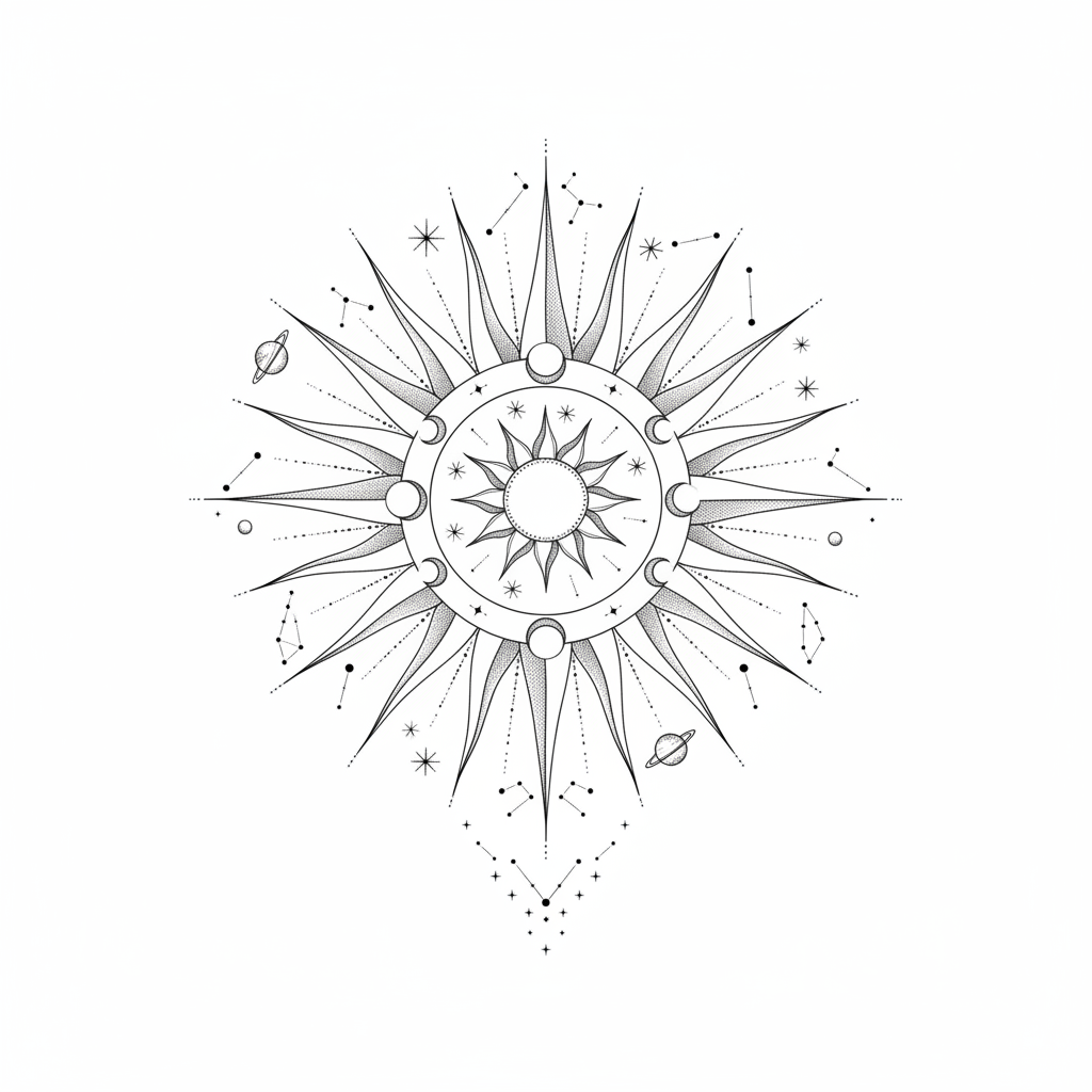 Fine Line Radiant Sun temporary tattoo design, fine line sun artwork in black ink on a white background