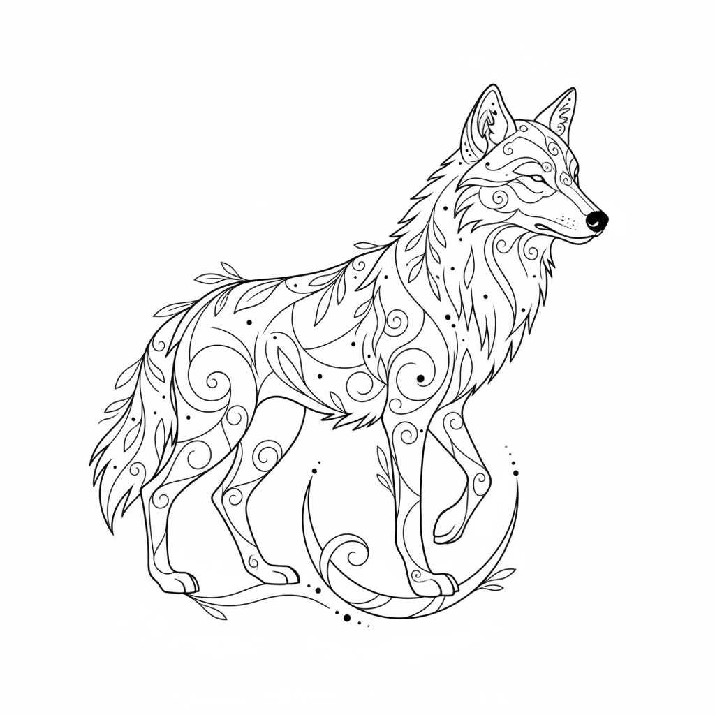 Fine Line Wolf temporary tattoo design, fine line wolf artwork in black ink on a white background
