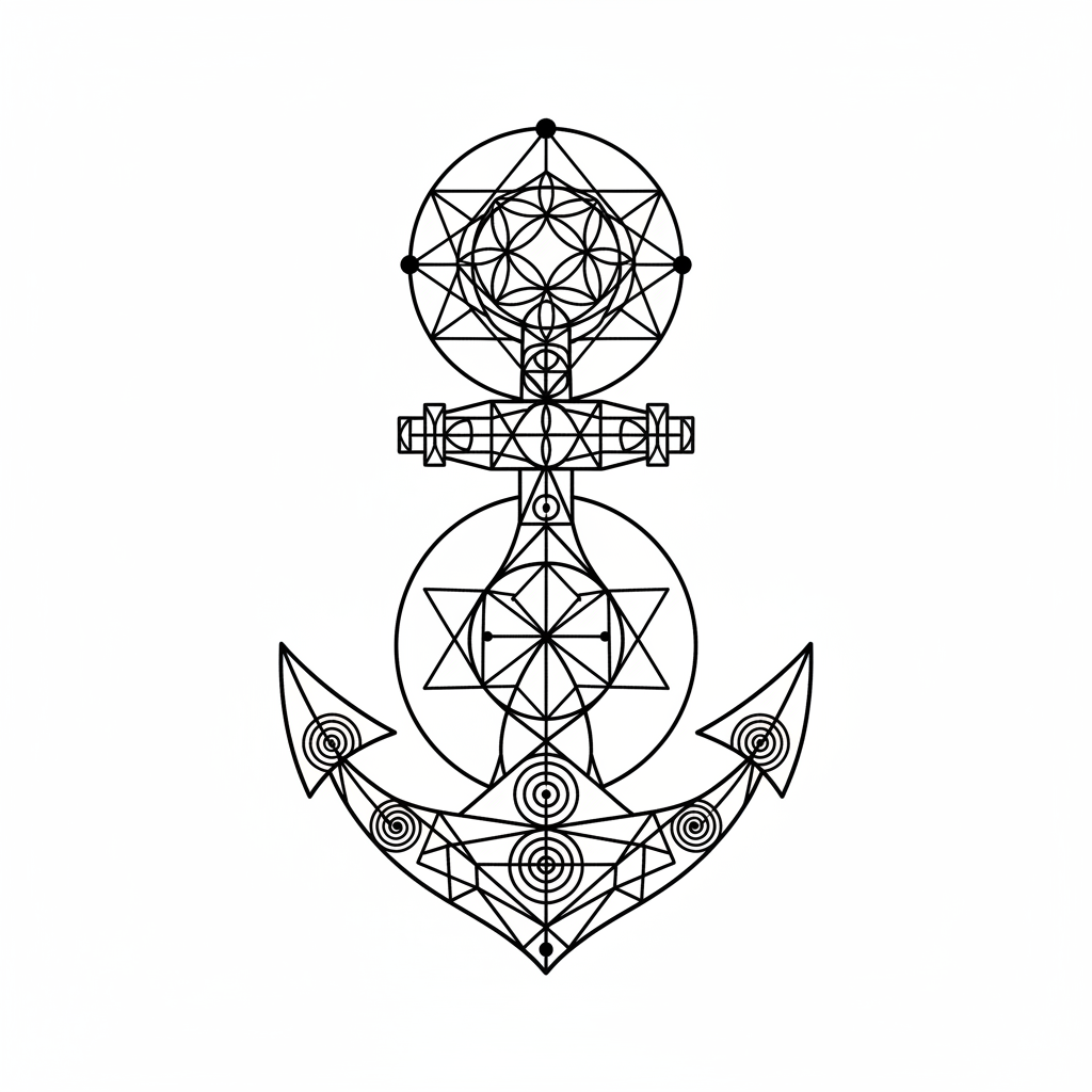 Geometric Anchor temporary tattoo design, geometric anchor artwork in black ink on a white background