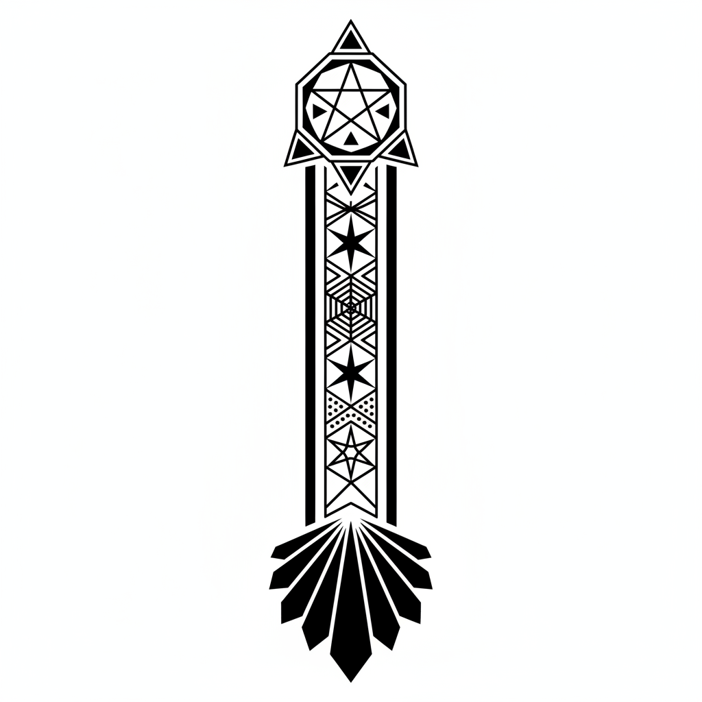 Geometric Arrow temporary tattoo design, geometric arrow artwork in black ink on a white background