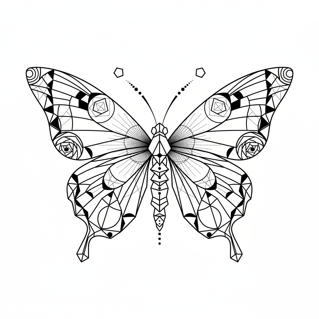 Geometric Butterfly temporary tattoo design, geometric butterfly artwork in black ink on a white background