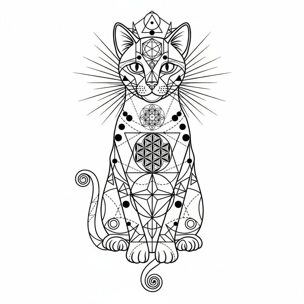 Geometric Cat temporary tattoo design, geometric cat artwork in black ink on a white background