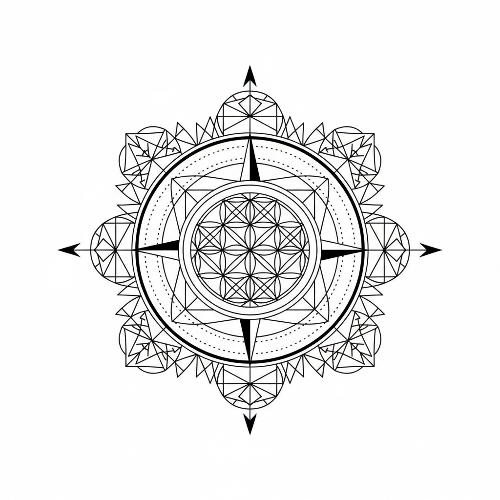 Geometric Compass Rose temporary tattoo design, geometric compass artwork in black ink on a white background