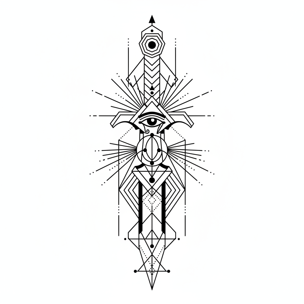 Geometric Dagger temporary tattoo design, geometric dagger artwork in black ink on a white background