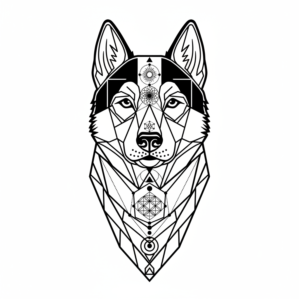Geometric Dog temporary tattoo design, geometric dog artwork in black ink on a white background