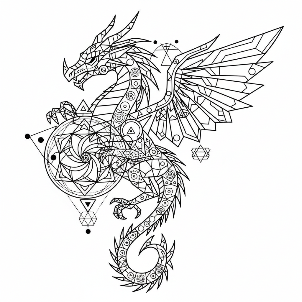 Geometric Dragon temporary tattoo design, geometric dragon artwork in black ink on a white background