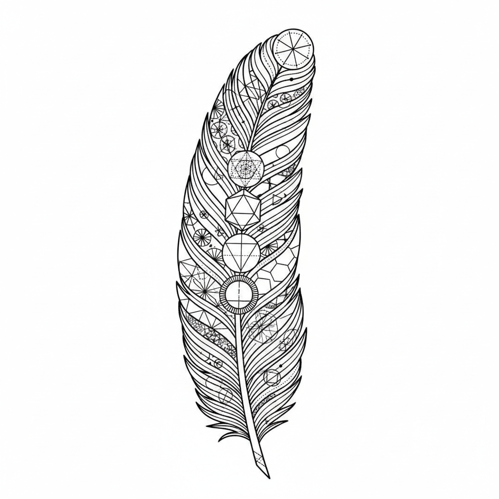 Geometric Feather temporary tattoo design, geometric feather artwork in black ink on a white background