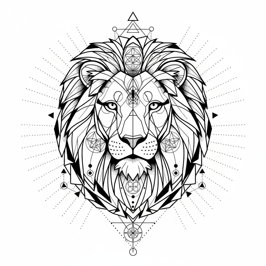 Geometric Lion temporary tattoo design, geometric lion artwork in black ink on a white background