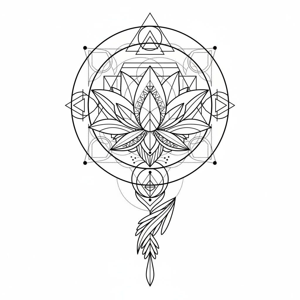 Geometric Lotus temporary tattoo design, geometric lotus artwork in black ink on a white background
