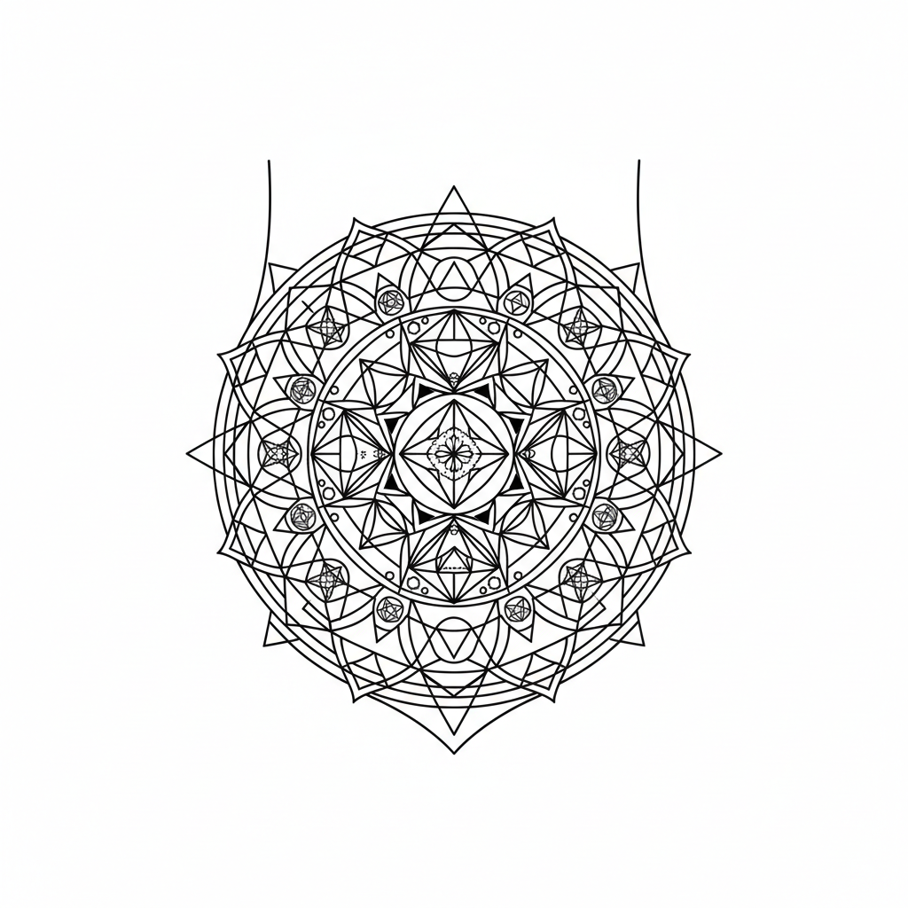 Geometric Mandala temporary tattoo design, geometric mandala artwork in black ink on a white background