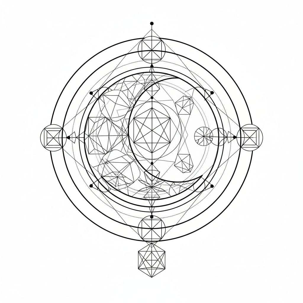 Geometric Moon Phases temporary tattoo design, geometric moon artwork in black ink on a white background