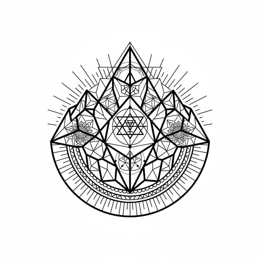 Geometric Mountain temporary tattoo design, geometric mountain artwork in black ink on a white background
