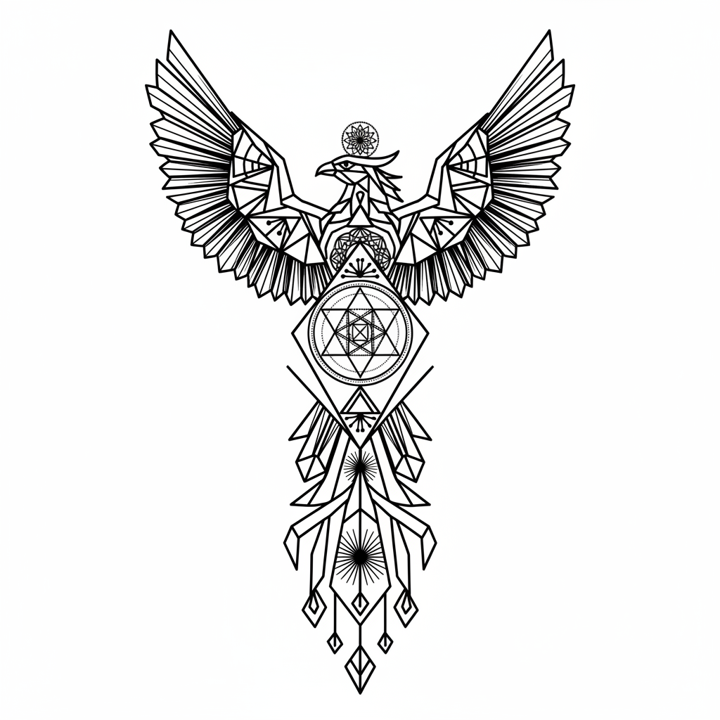 Geometric Phoenix temporary tattoo design, geometric phoenix artwork in black ink on a white background