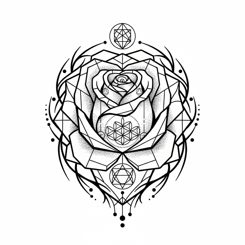 Geometric Rose temporary tattoo design, geometric rose artwork in black ink on a white background