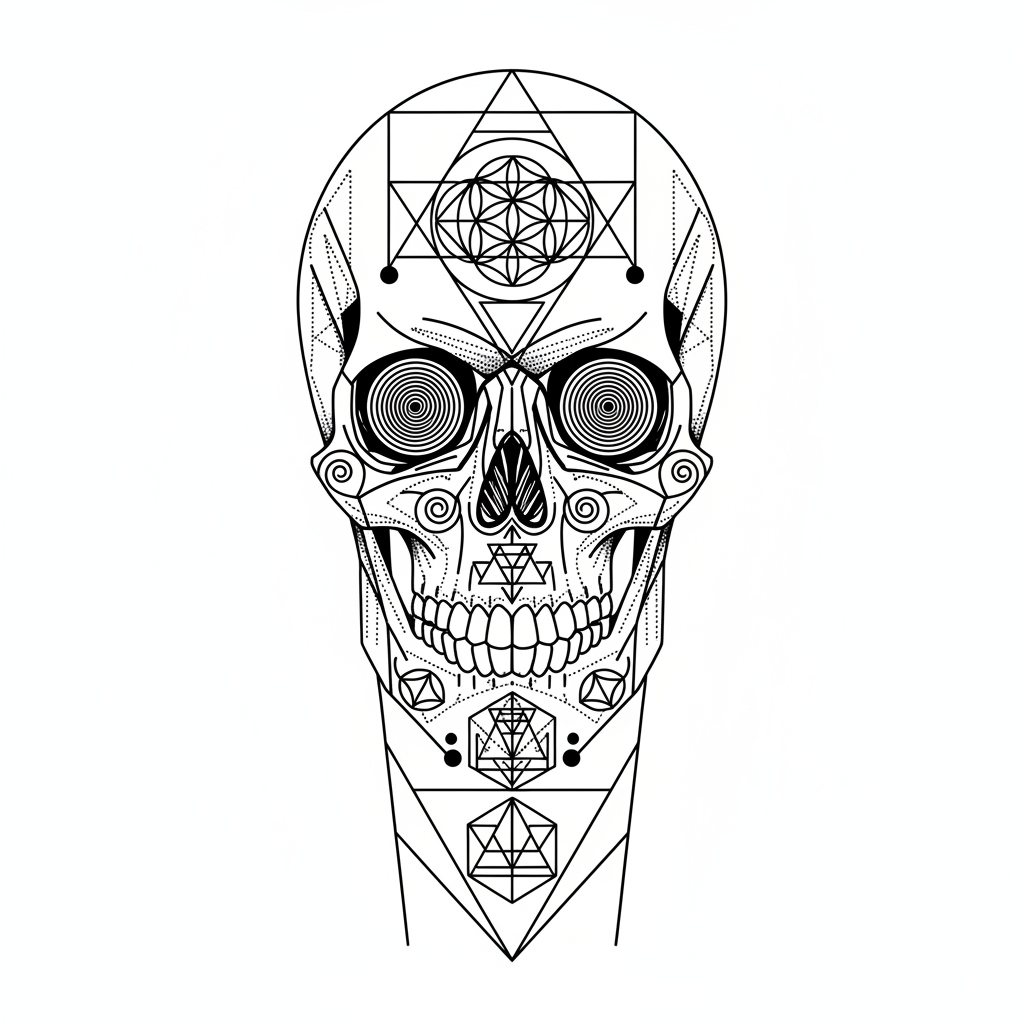 Geometric Skull temporary tattoo design, geometric skull artwork in black ink on a white background