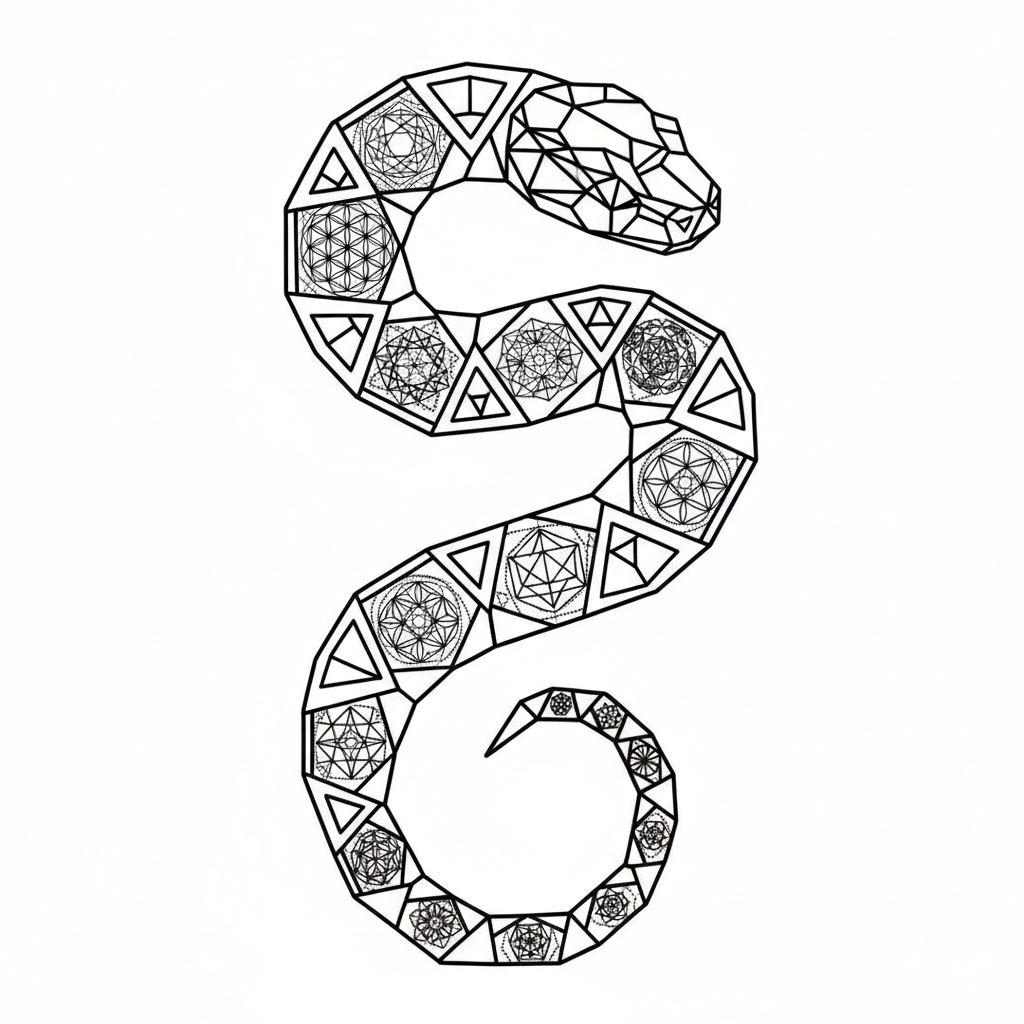 Geometric Snake temporary tattoo design, geometric snake artwork in black ink on a white background