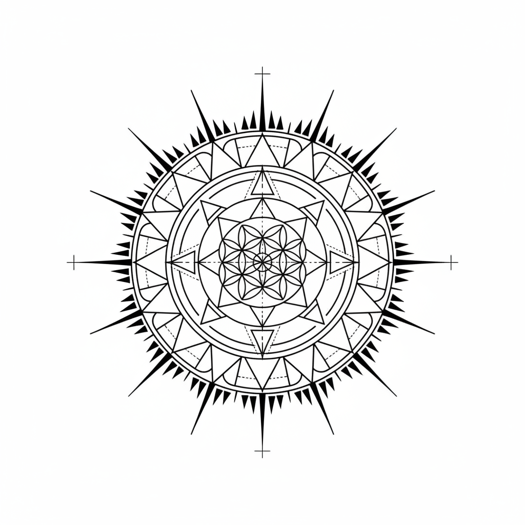Geometric Sun temporary tattoo design, geometric sun artwork in black ink on a white background