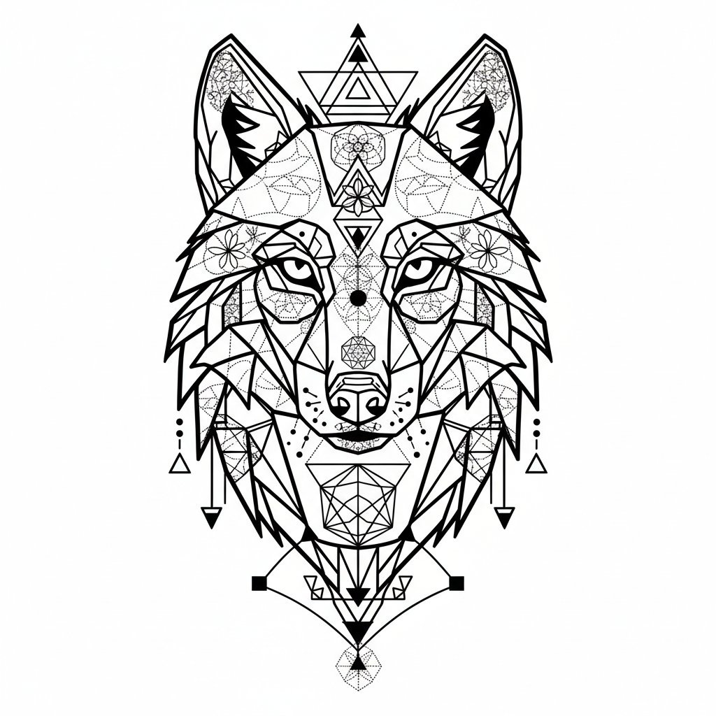 Geometric Wolf temporary tattoo design, geometric wolf artwork in black ink on a white background