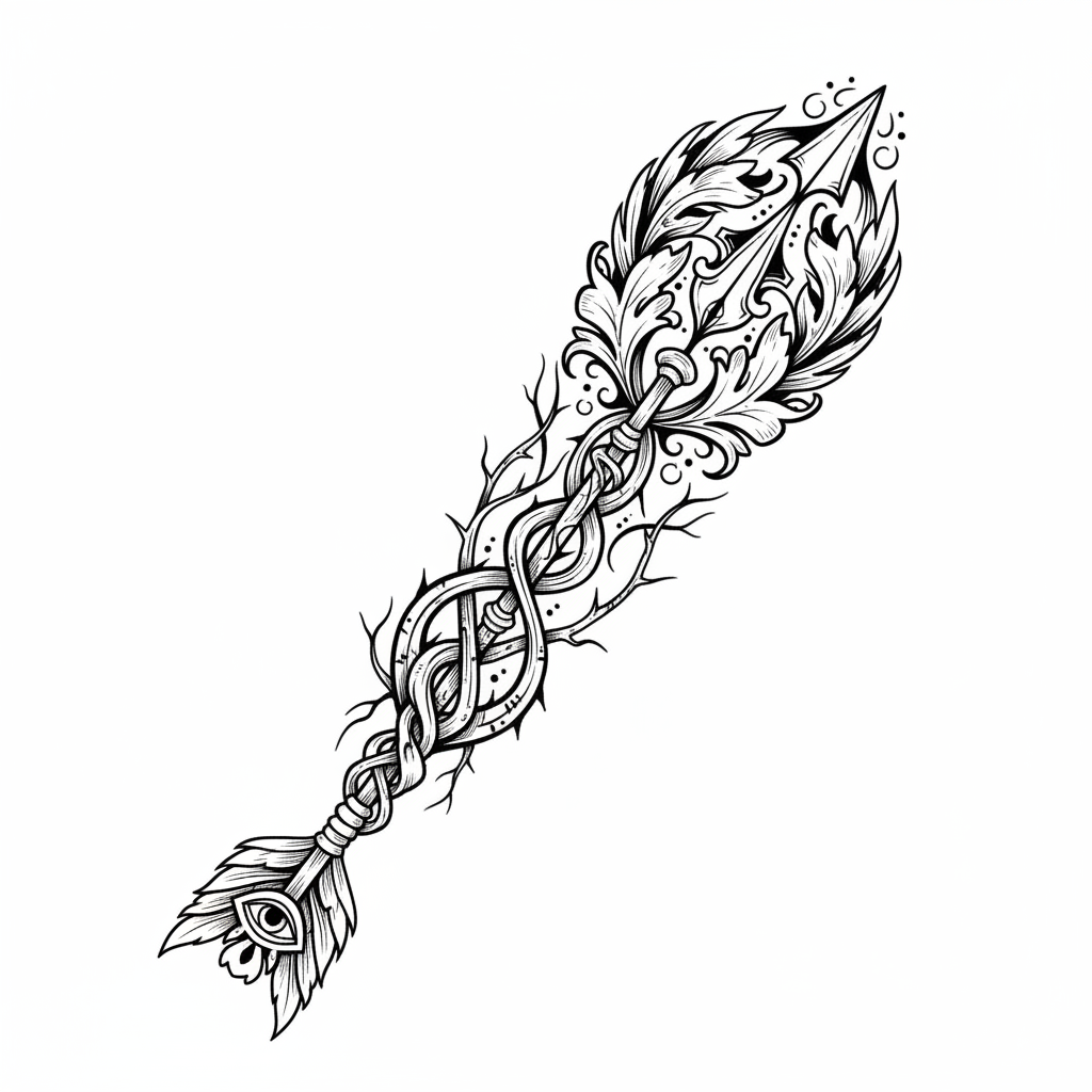 Illustrative Arrow temporary tattoo design, illustrative arrow artwork in black ink on a white background