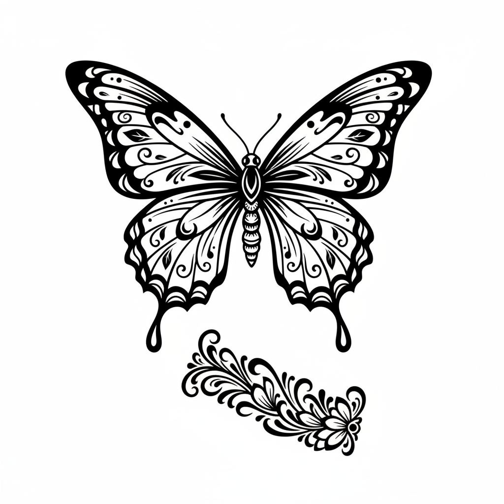 Illustrative Butterfly temporary tattoo design, illustrative butterfly artwork in black ink on a white background