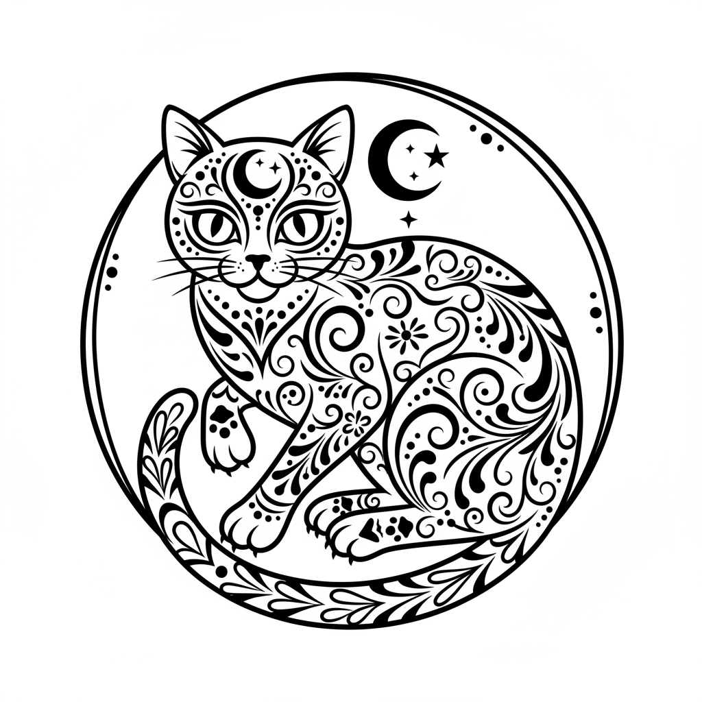 Illustrative Cat temporary tattoo design, illustrative cat artwork in black ink on a white background