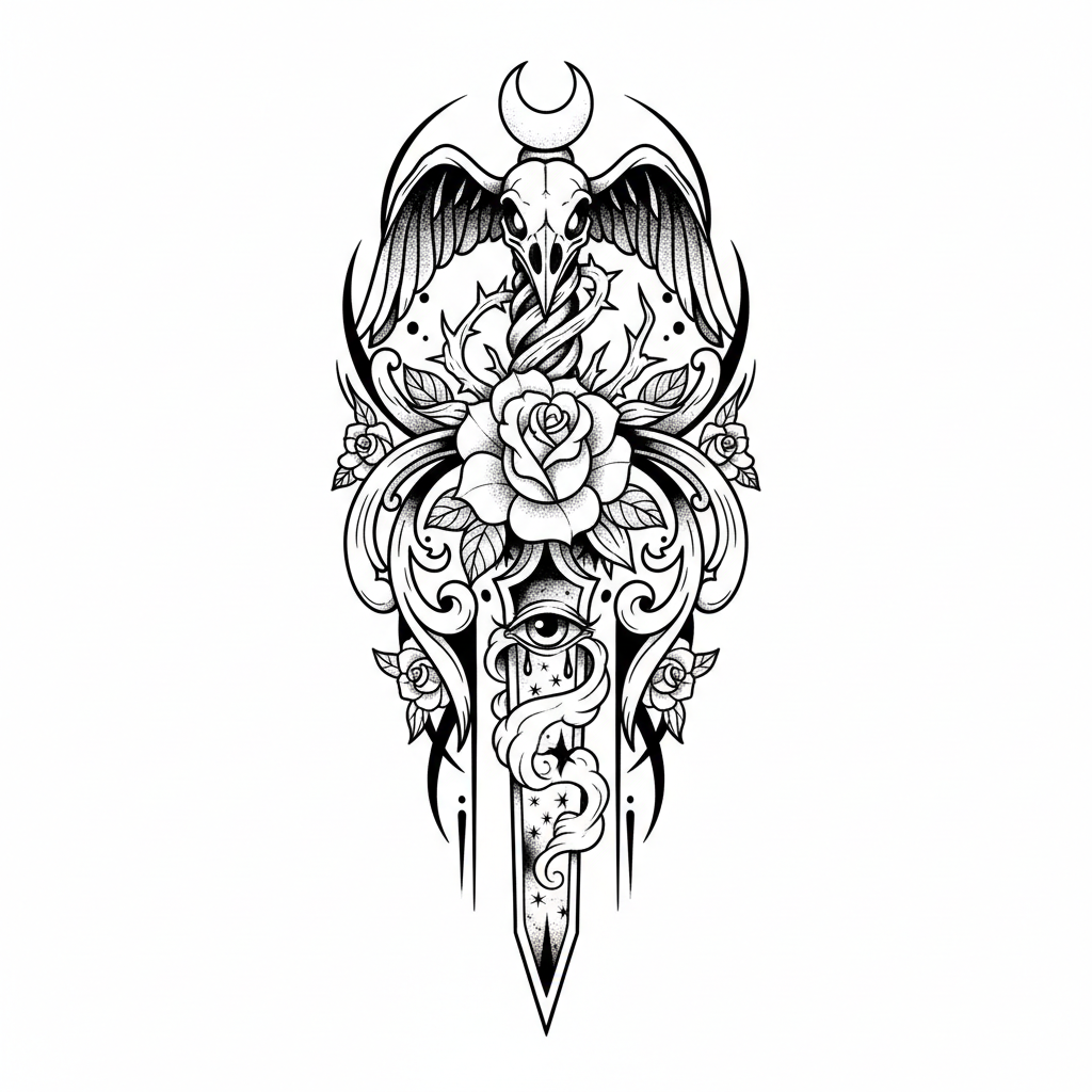 Illustrative Dagger temporary tattoo design, illustrative dagger artwork in black ink on a white background