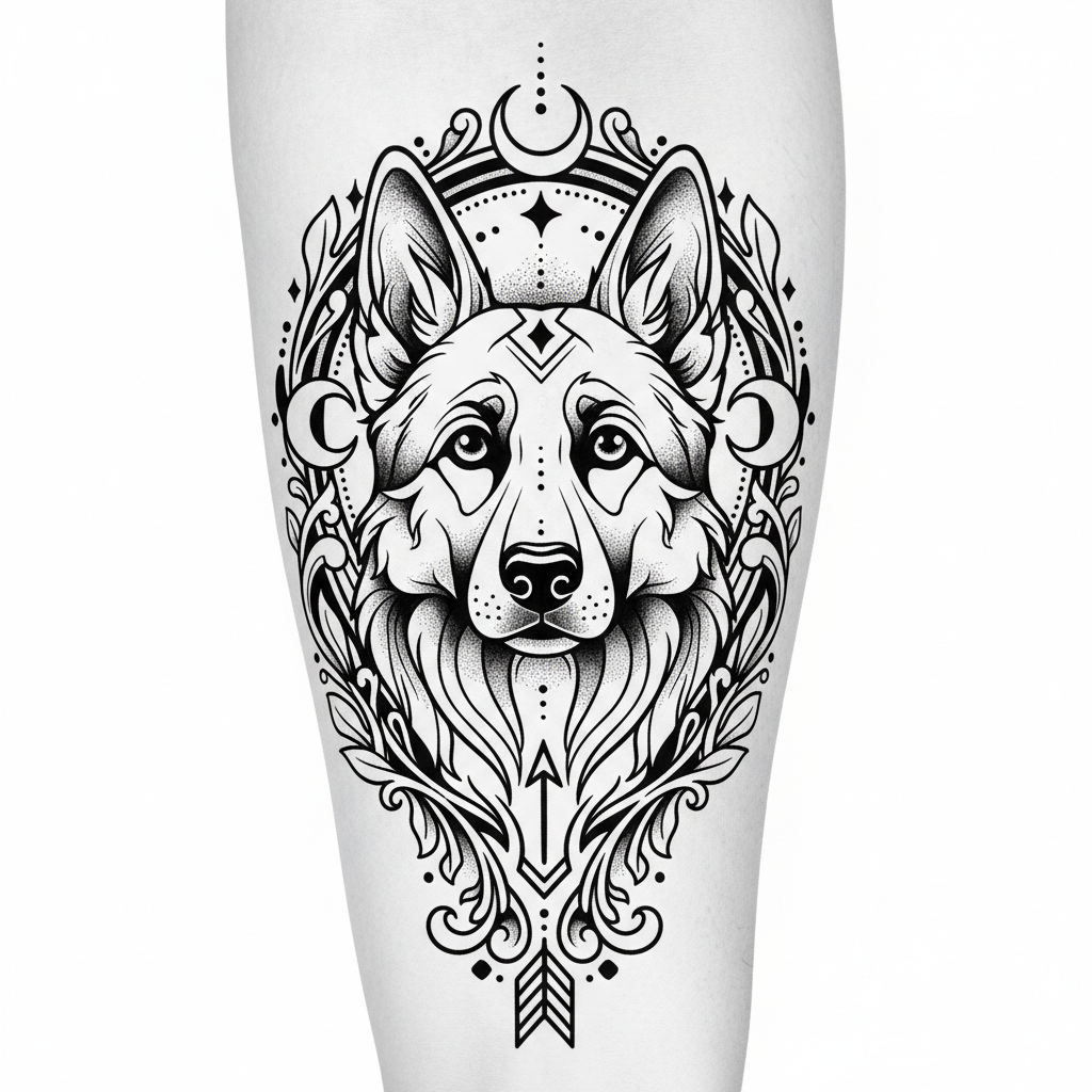 Illustrative Dog temporary tattoo design, illustrative dog artwork in black ink on a white background
