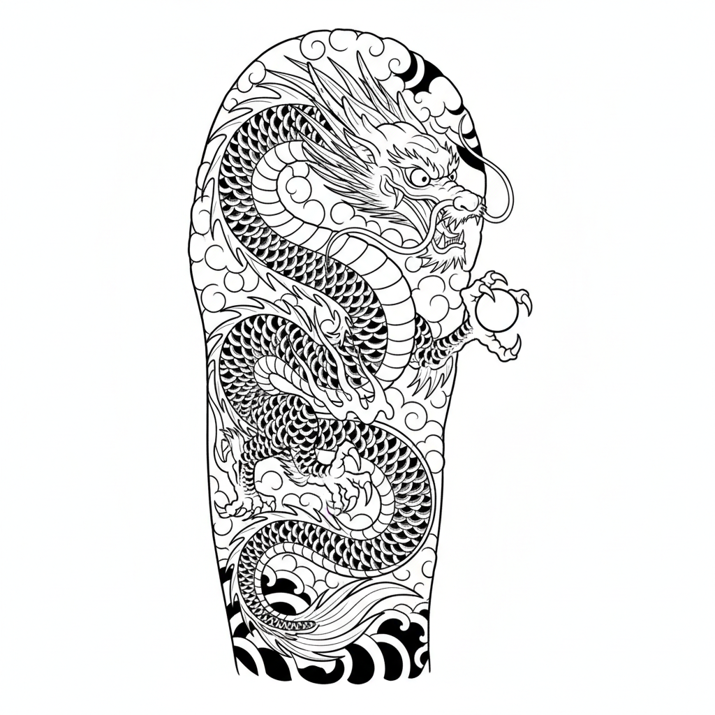 Illustrative Dragon temporary tattoo design, illustrative dragon artwork in black ink on a white background