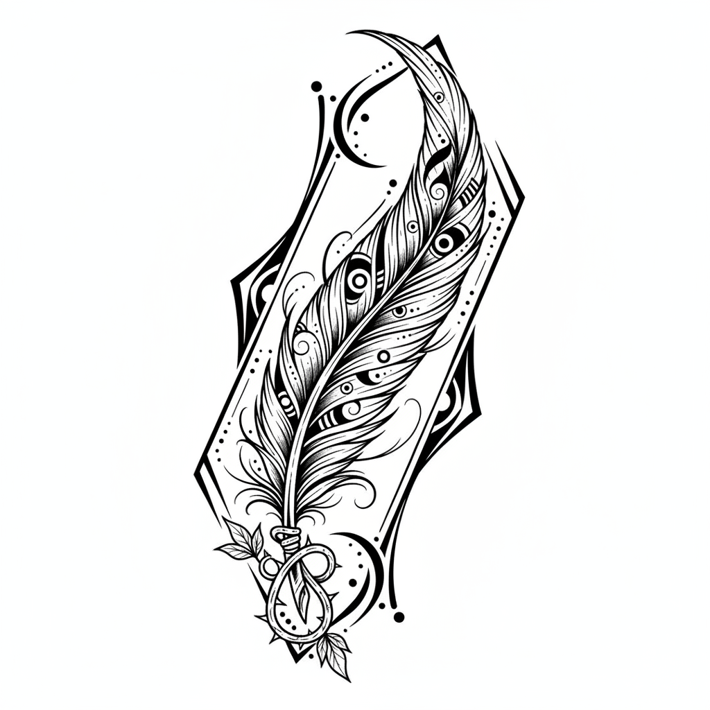 Illustrative Feather temporary tattoo design, illustrative feather artwork in black ink on a white background