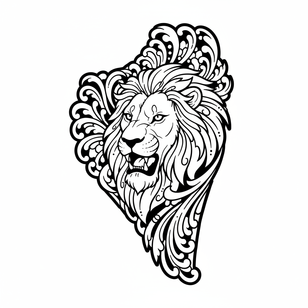 Illustrative Lion temporary tattoo design, illustrative lion artwork in black ink on a white background