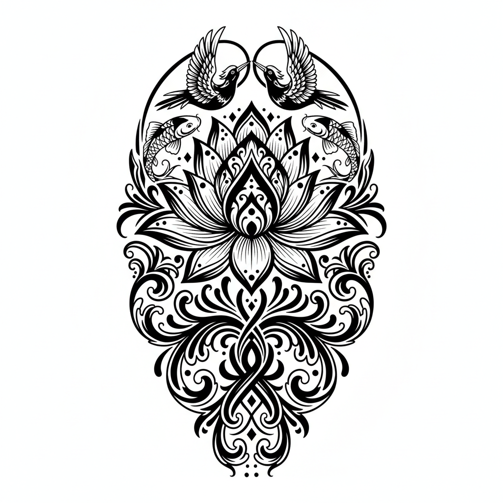 Illustrative Lotus temporary tattoo design, illustrative lotus artwork in black ink on a white background