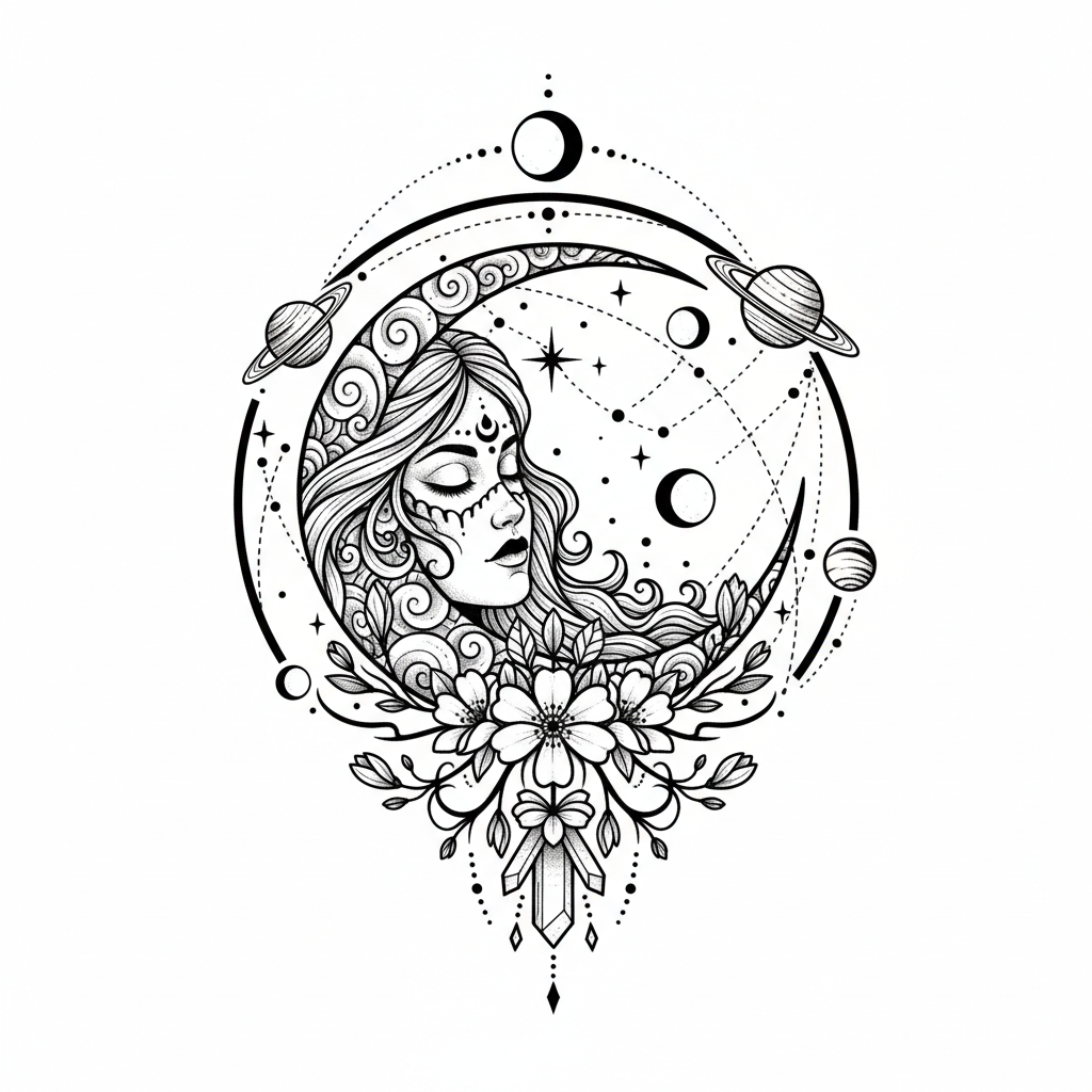 Illustrative Moon Goddess temporary tattoo design, illustrative moon artwork in black ink on a white background