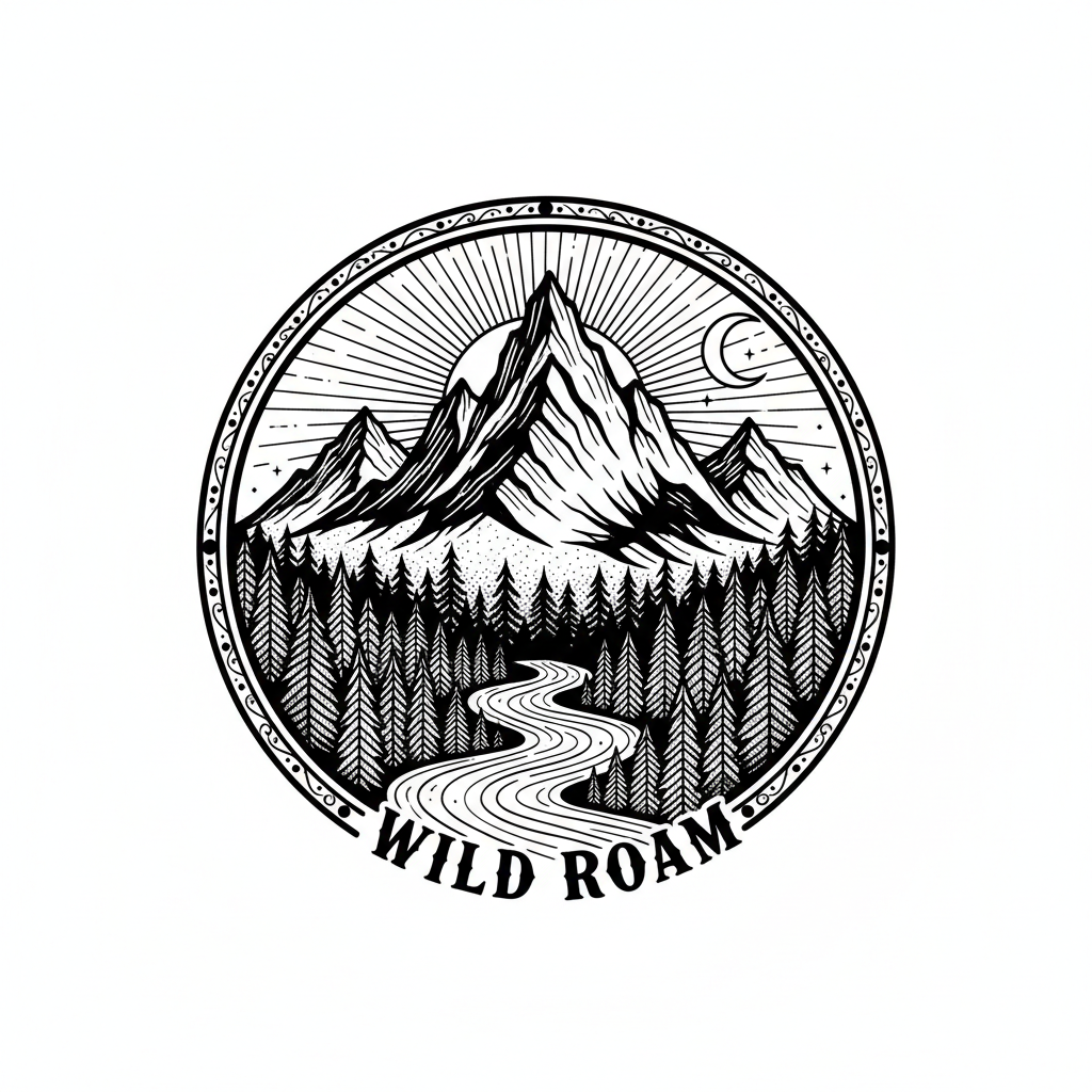 Illustrative Mountain temporary tattoo design, illustrative mountain artwork in black ink on a white background