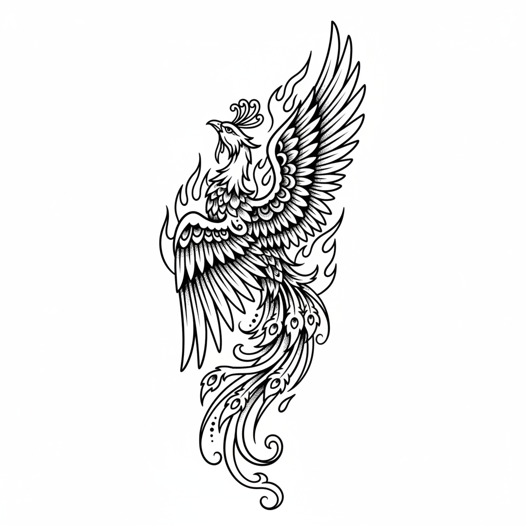 Illustrative Phoenix temporary tattoo design, illustrative phoenix artwork in black ink on a white background