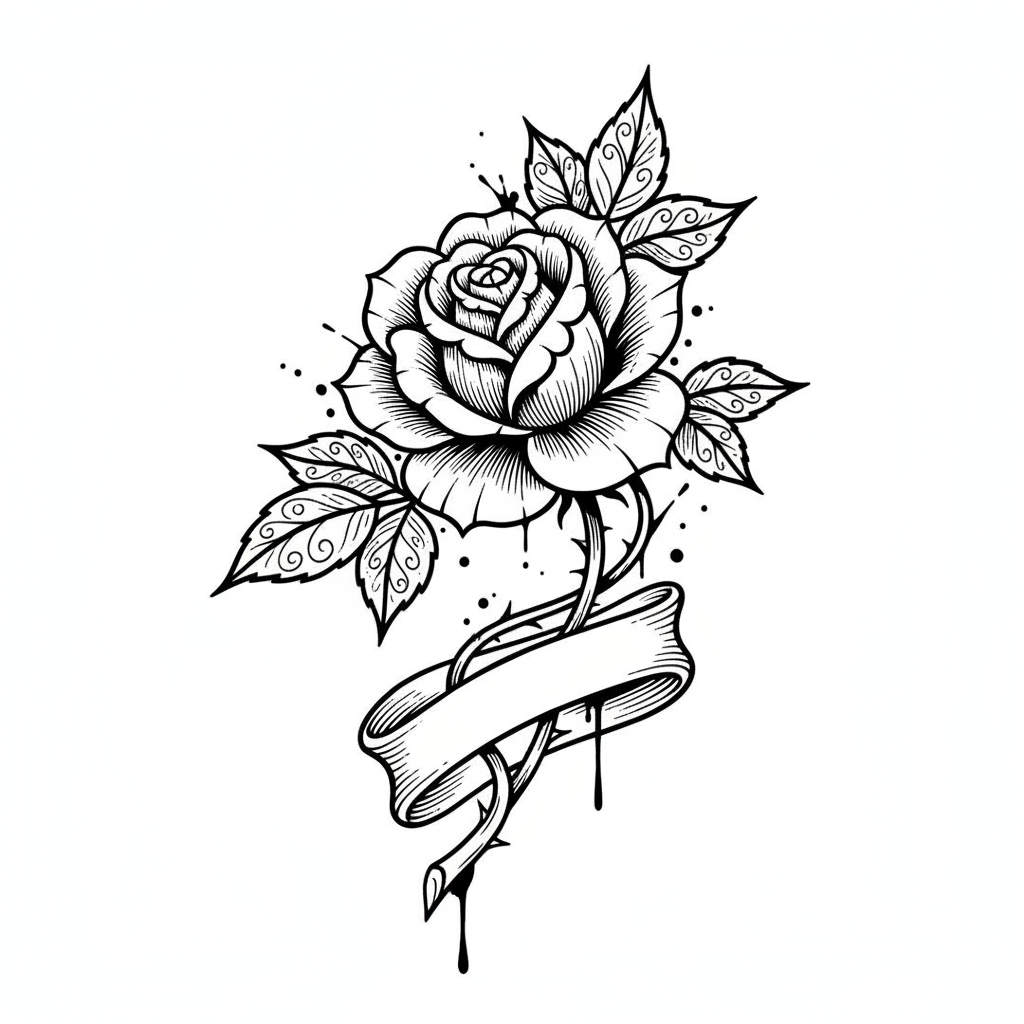 Illustrative Rose with Banner temporary tattoo design, illustrative rose artwork in black ink on a white background