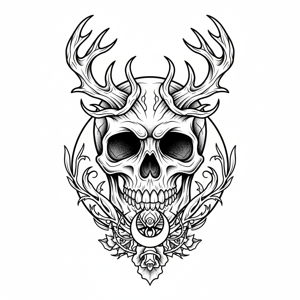 Illustrative Skull temporary tattoo design, illustrative skull artwork in black ink on a white background