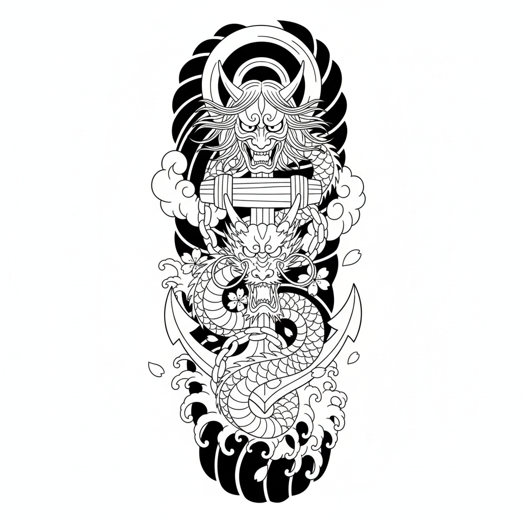 Japanese Anchor temporary tattoo design, japanese anchor artwork in black ink on a white background