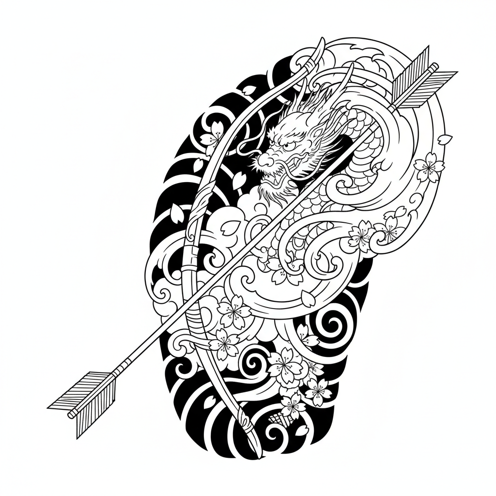 Japanese Arrow temporary tattoo design, japanese arrow artwork in black ink on a white background