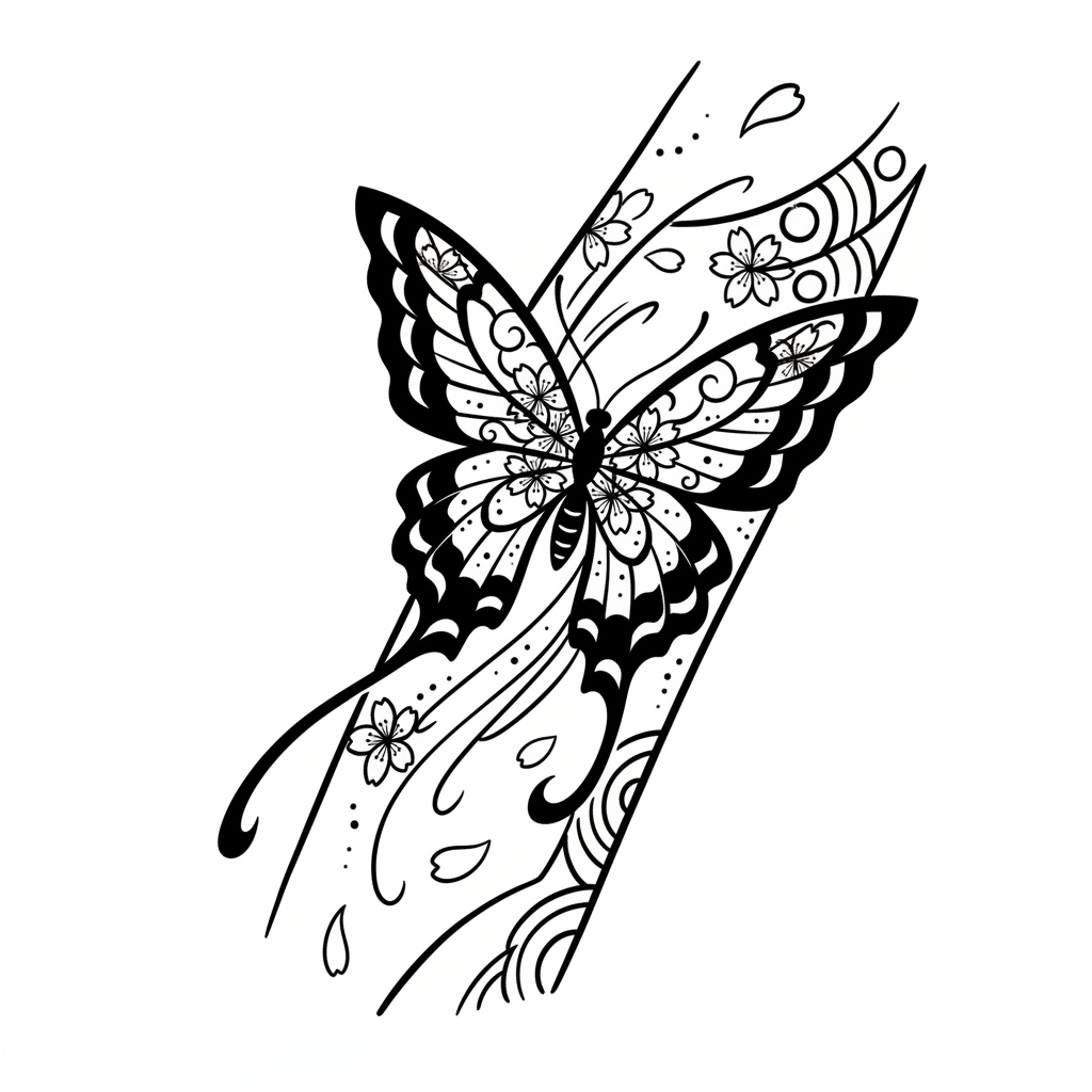 Japanese Butterfly temporary tattoo design, japanese butterfly artwork in black ink on a white background
