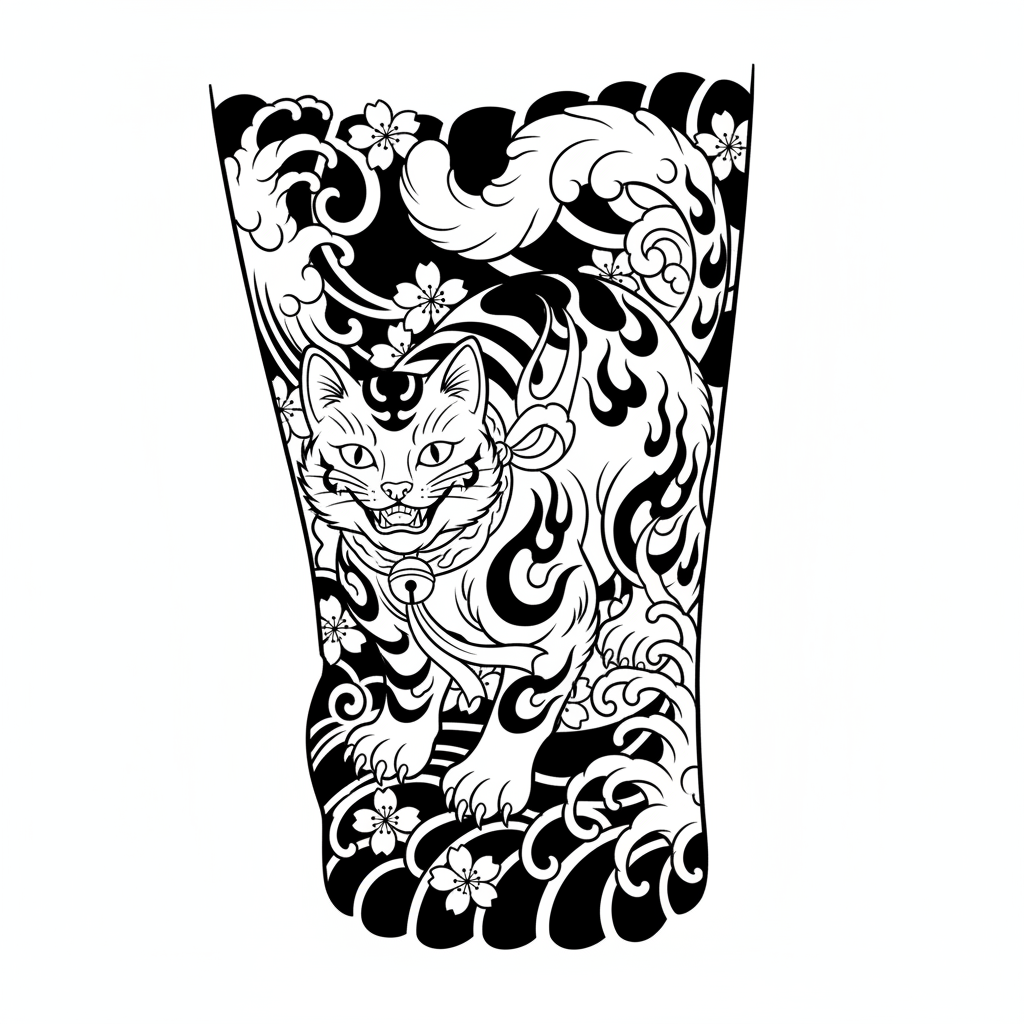 Japanese Cat temporary tattoo design, japanese cat artwork in black ink on a white background