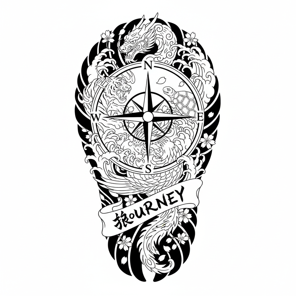 Japanese Compass temporary tattoo design, japanese compass artwork in black ink on a white background