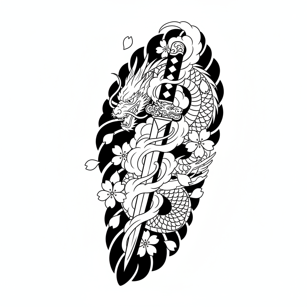 Japanese Dagger temporary tattoo design, japanese dagger artwork in black ink on a white background