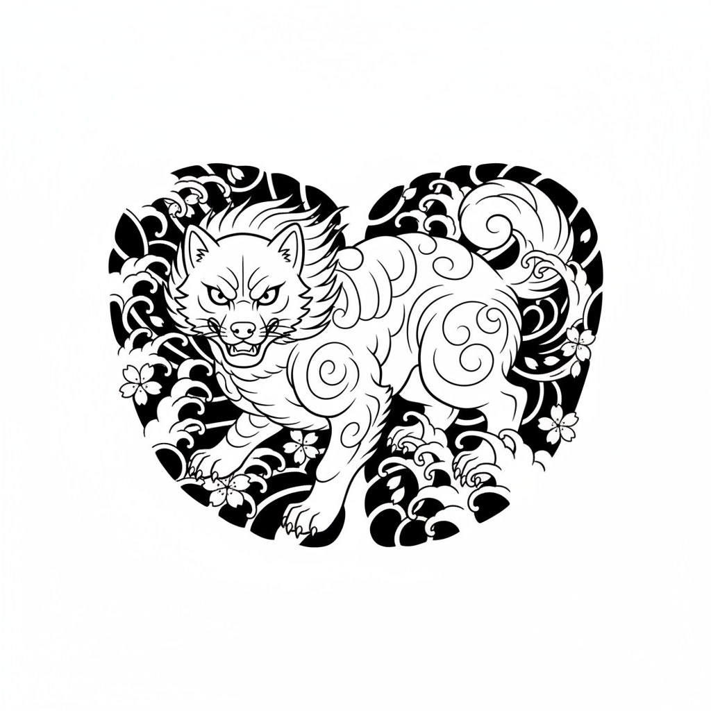 Japanese Dog temporary tattoo design, japanese dog artwork in black ink on a white background