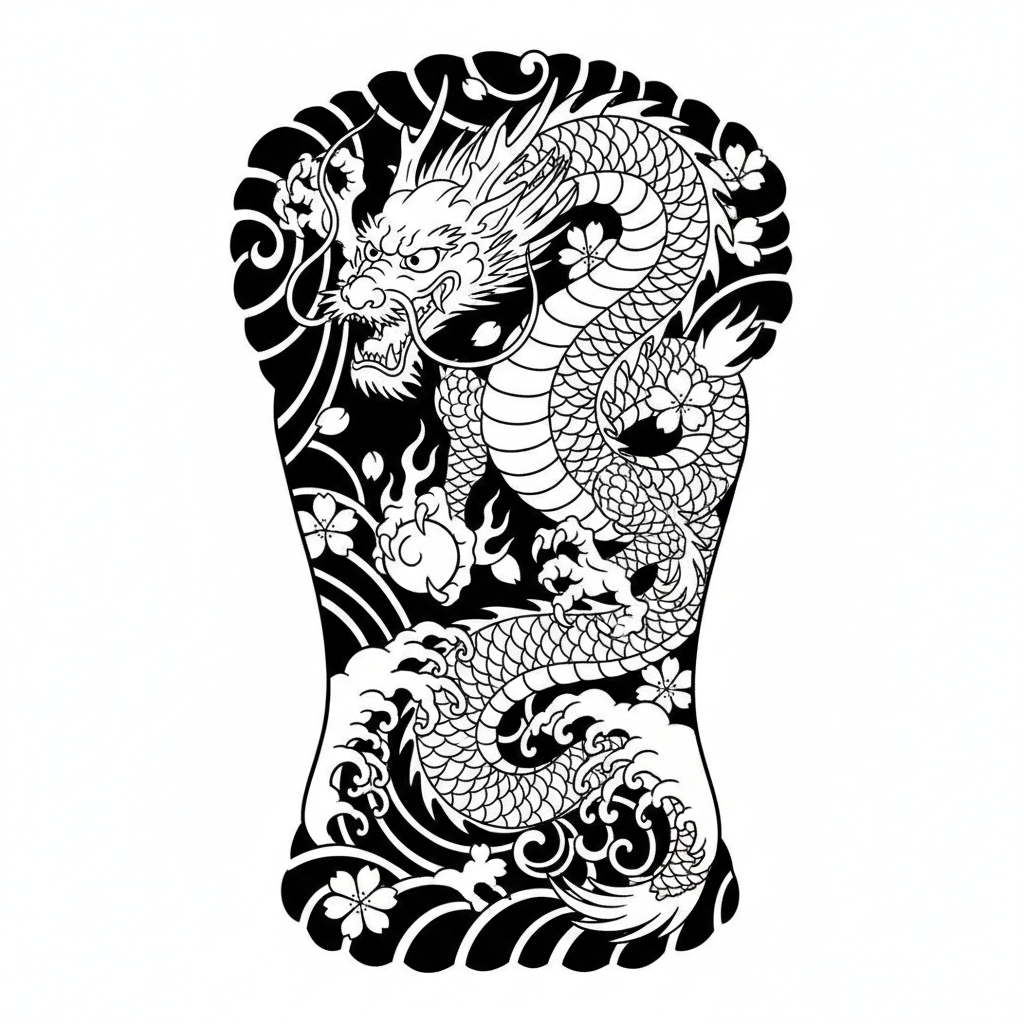 Japanese Dragon Back Piece temporary tattoo design, japanese dragon artwork in black ink on a white background