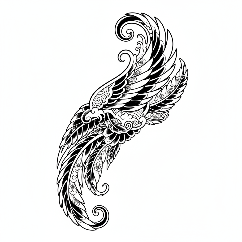 Japanese Feather temporary tattoo design, japanese feather artwork in black ink on a white background