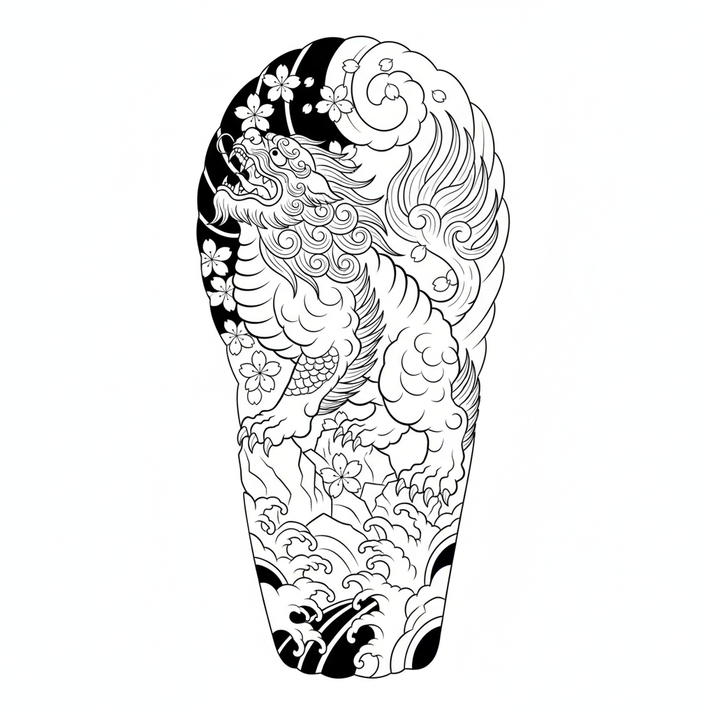 Japanese Lion temporary tattoo design, japanese lion artwork in black ink on a white background
