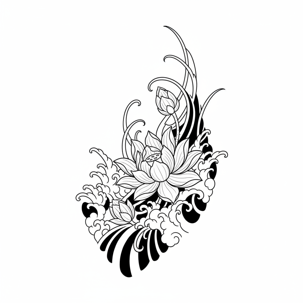 Japanese Lotus temporary tattoo design, japanese lotus artwork in black ink on a white background