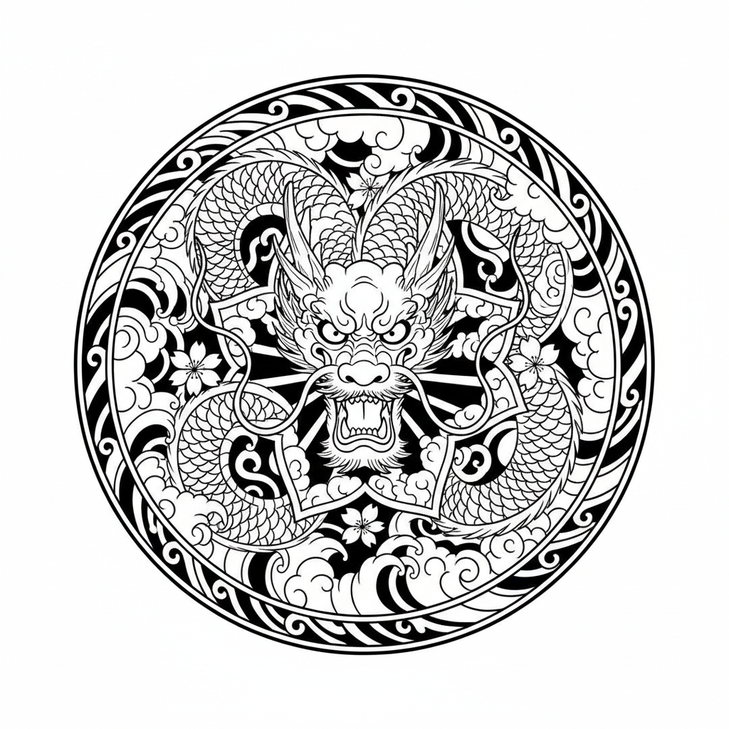Japanese Mandala temporary tattoo design, japanese mandala artwork in black ink on a white background
