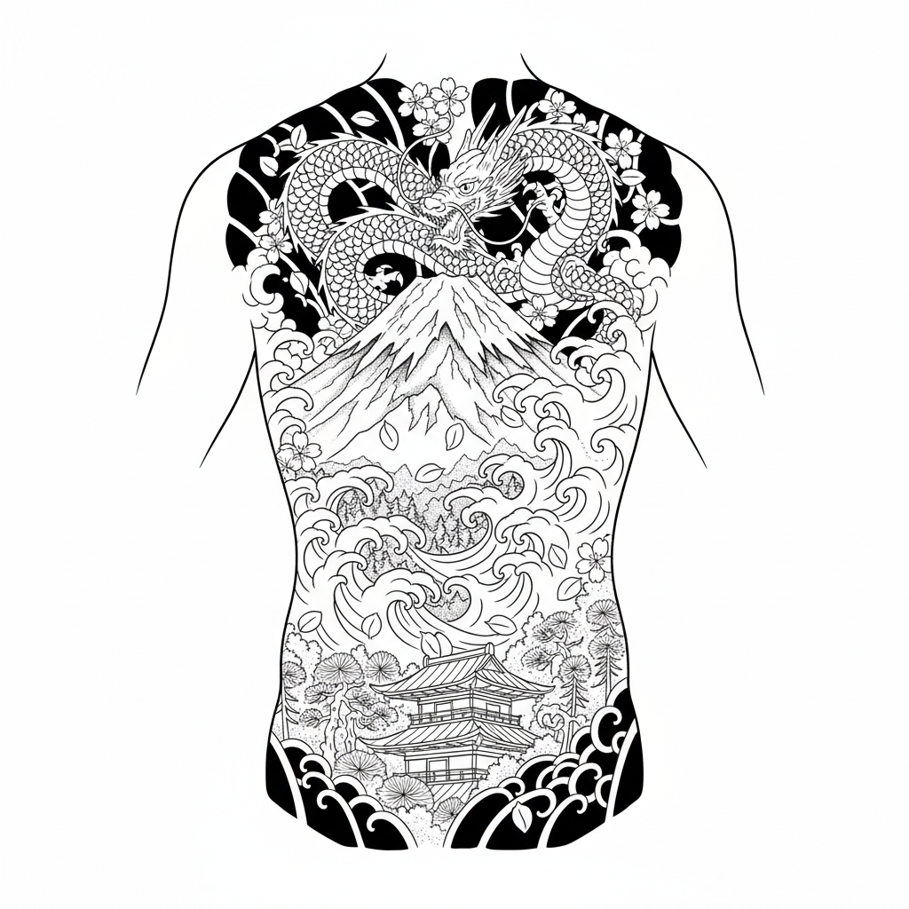 Japanese Mountain temporary tattoo design, japanese mountain artwork in black ink on a white background